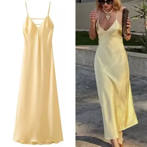 HH Women Summer Yellow Stain V Neck Sling Dress Elegant Sleeveless Loose Maxi Robes 2025 New Ladies Party Holiday Dresses