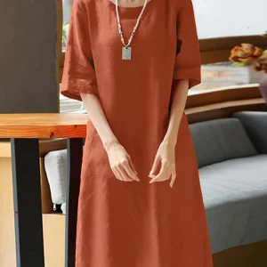 2025 Spring Summer Dress ZANZEA Women O Neck Half Sleeve Sundress Solid Cotton Dresses Robe Femme Casual Loose Holiday Vestidos