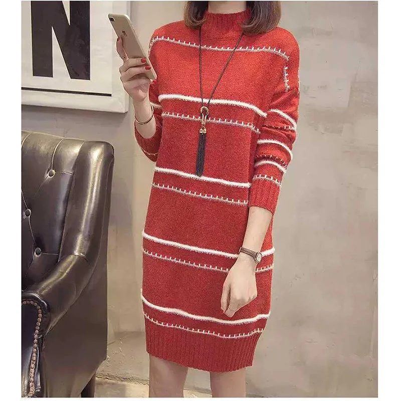 Fashion Knitted Spliced Loose Striped Casual Dresses Female Clothing 2023 Autumn New Long Sleeve Mini Dress - Image 3
