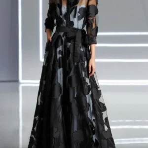 Elegant Three-Quarter Sleeve Knotted Waist Jacquard Mesh Maxi Dress for Women No Lining Transparent Club Party Long Dress