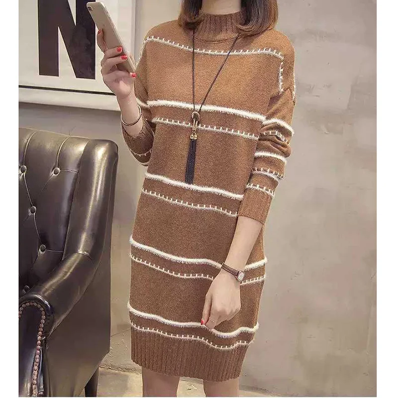 Fashion Knitted Spliced Loose Striped Casual Dresses Female Clothing 2023 Autumn New Long Sleeve Mini Dress - Image 6