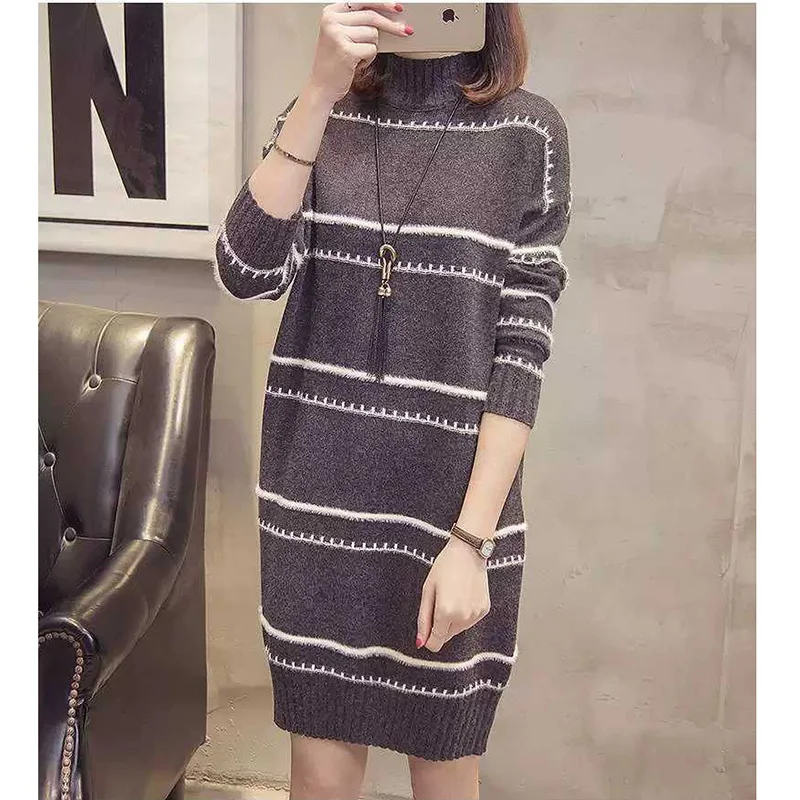 Fashion Knitted Spliced Loose Striped Casual Dresses Female Clothing 2023 Autumn New Long Sleeve Mini Dress - Image 4