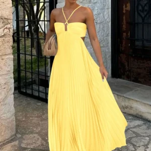 2025 New Women's Fashionable and Elegant Summer Camisole Beach Vacation Long Dress Elegant Backless Pleated Long Dress