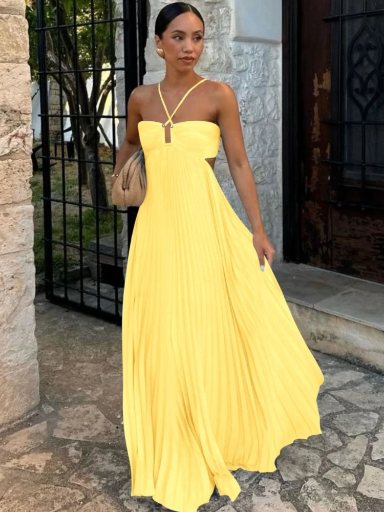 2025 New Women's Fashionable and Elegant Summer Camisole Beach Vacation Long Dress Elegant Backless Pleated Long Dress