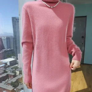 TLOML Women 100% Mink Cashmere Dress Turtleneck Pullover Casual Style Autumn Winter Slim Soft Warm Cashmere Knitted Short Dress