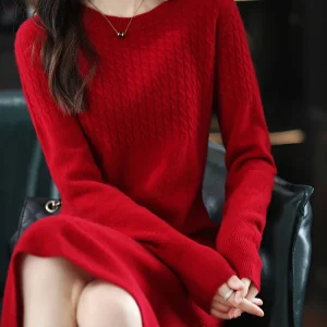 Round Neck Cashmere Dress Women's Long Pullover Sweater Autumn And Winter New Knitted Knee-Length Pure Wool Dress
