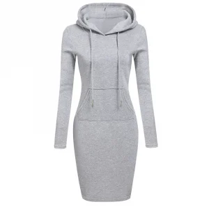 Women Knee-Length Pocket Dress Hooded Warm Sweat Shirt Long Sleeve Simple Casual Sport Clothes Fashion Workout Lounge Streetwear