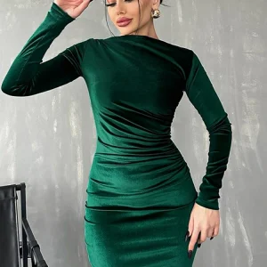 Dulzura 2024 Spring Summer Velvet Long Sleeve Midi Dress For Women Ruched Long Dress Elegant Party Clothes Evening Green Outfits