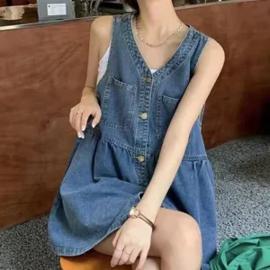 Sleeveless Strap Dress Women Summer Single-Breasted Pockets Denim Dresses Woman Korean Style Loose A Line Mini Dress